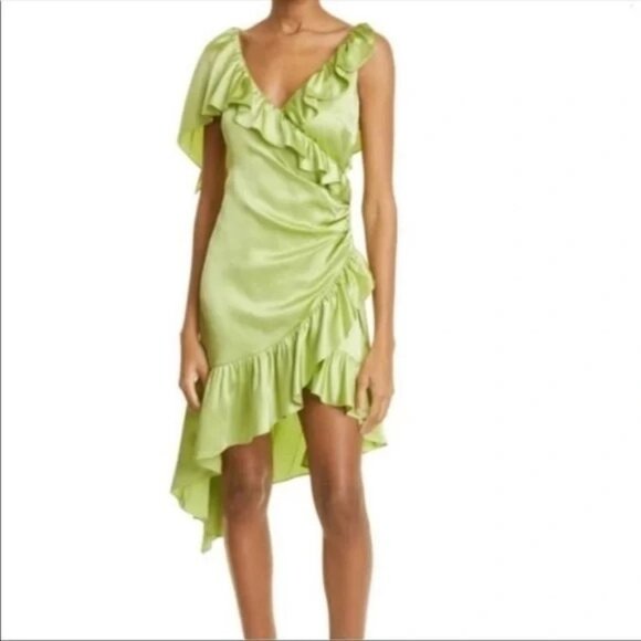 Cinq a Sept Petunya Ruffle Silk Slip Dress Prickly Pear Green Size 4 - Picture 2 of 8